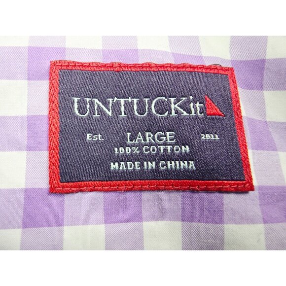 Untuckit Size Large Lavender White Check Spread Collar Long Sleeve Cotton Shirt - Picture 4 of 9